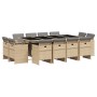 13-tlg. Garten-Essgruppe aus Poly Rattan mit Tisch, 12 Stühlen und grauen Kissen.