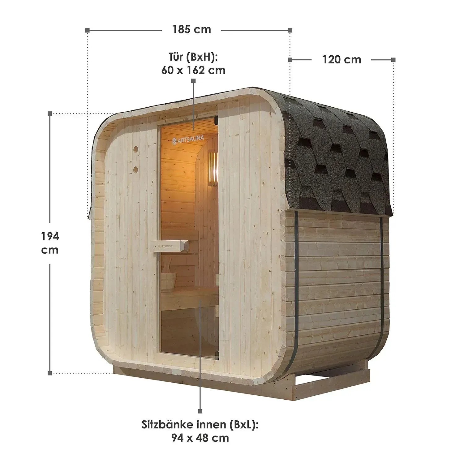 Artsauna Cube Fasssauna Nolvik M aus Fichte mit Dachschindeln und Zubehör.