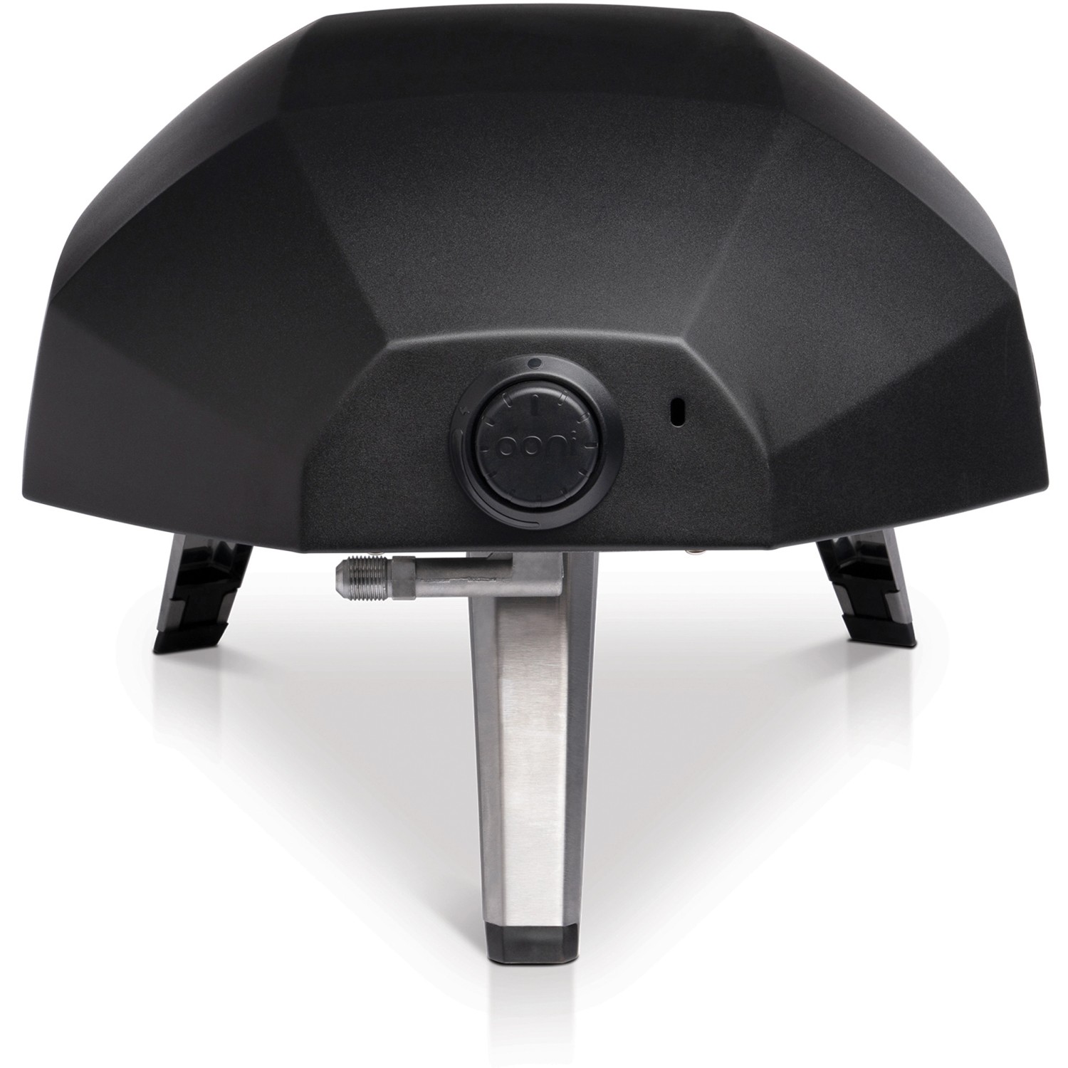 Schwarzer Ooni Gas-Pizzaofen Koda 12, Frontansicht mit Regler und Gasanschluss.