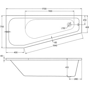 Technische Zeichnung der Raumsparwanne Koala Vario Typ B in Weiß mit Maßangaben.