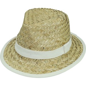 Herren Strohhut aus Seegras, naturfarben, mit weißem Textilband und Krempenrand. Sonnenhut für Gartenbekleidung.