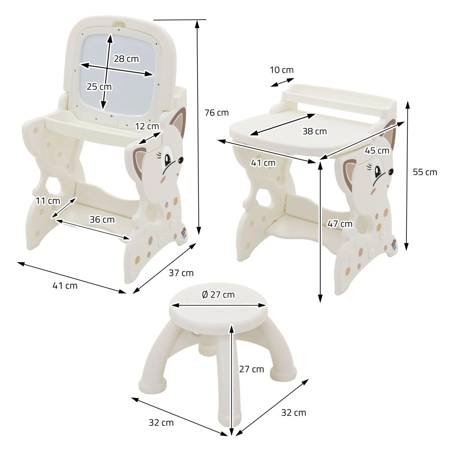 Weißer Joyz 3in1 Spieltisch mit LCD-Tafel, Kinderhocker und Zubehör, Maße eingezeichnet.