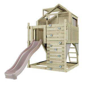 OutdoorToys Stelzenhaus Meteorit Altrosa mit Rutsche, Kletterwand und Sandkasten.