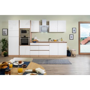 Respekta Premium Küchenzeile, 335 cm, Weiß Hochglanz/Eiche Sägerau, mit E-Geräten.