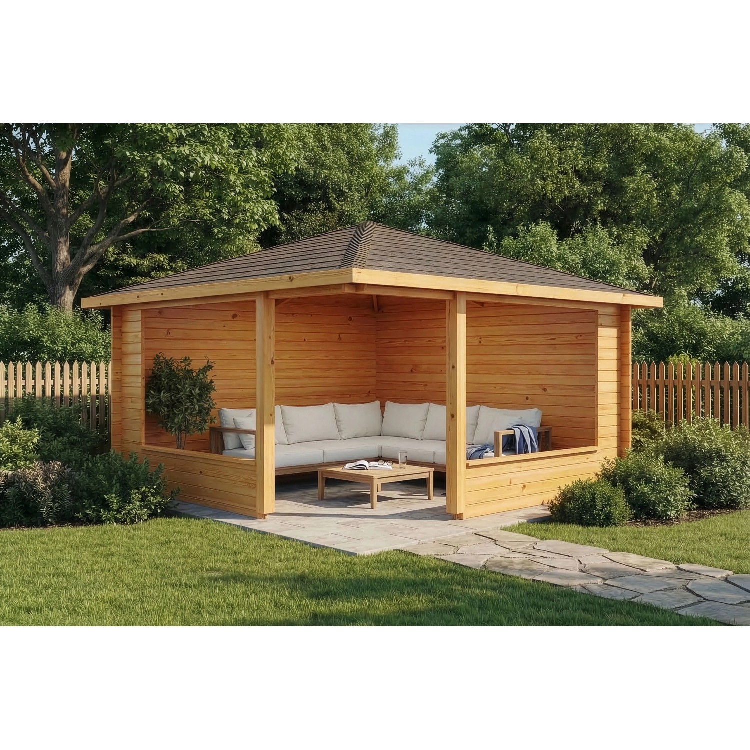 Imprägnierte 5-Eck Gartenlaube Maik-40 aus Holz mit Spitzdach und Sitzgruppe im Garten.