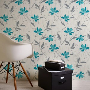 Bricoflor Papiertapete mit Blumenranken in Weiß, Grau und Türkis für Wohn- und Esszimmer.