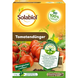 Packung Solabiol Tomatendünger 1,5 kg mit Tomatenabbildung. Fördert Wachstum und Ernte.