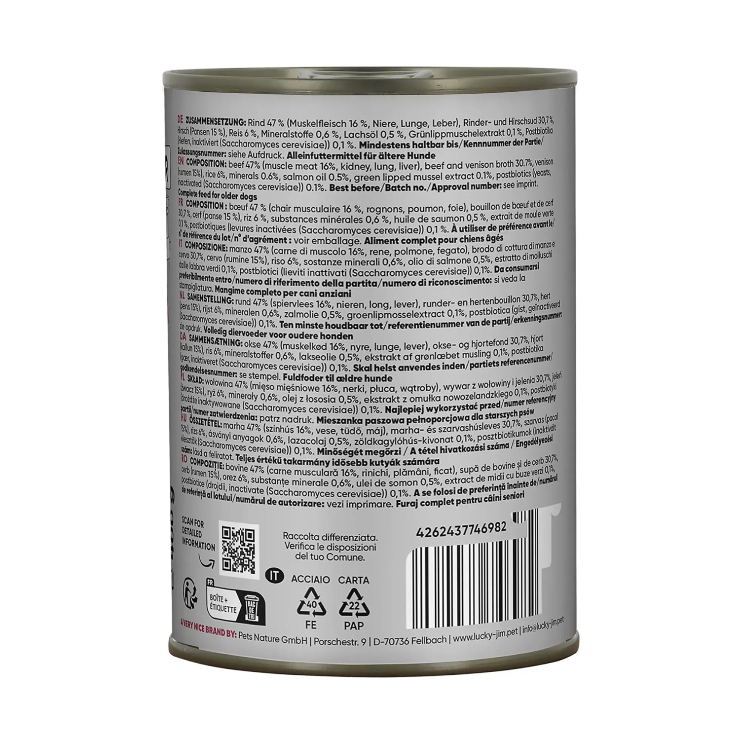 Lucky Jim Hunde-Nassfutter Senior Rind & Hirsch, 400g Dose. Alleinfutter für ältere Hunde.