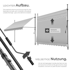 Tectake Klemmmarkise  Mit Handkurbel Uv Beständig 300 x 180 cm 180 x 300 x 304 cm Hellgrau