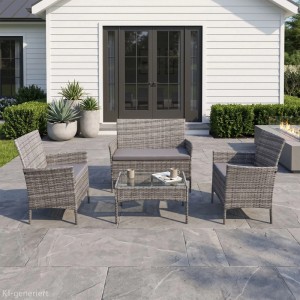 Graue SVITA BROOKLYN Gartenlounge, 4-teiliges Gartenmöbel Set aus Polyrattan mit Tisch und Polstern.