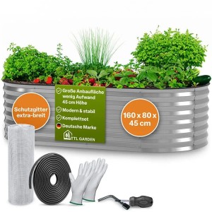 TTL GARDEN Ovales Garten-Hochbeet SPIRIT M 160×80×45 cm – Niedriges Metall Hochbeet Verzinkt in Silber für Garten