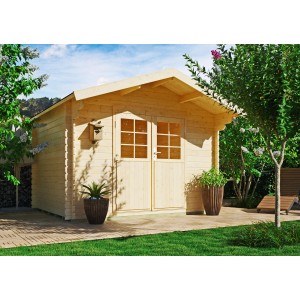 Unbehandeltes Kiehn-Holz Gartenhaus KH 28-099, 300x240 cm, mit Doppeltür und Vogelhaus.