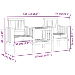 Skizze einer 2-Sitzer Gartenbank aus Kiefernholz mit Tisch, Maße sind eingezeichnet.