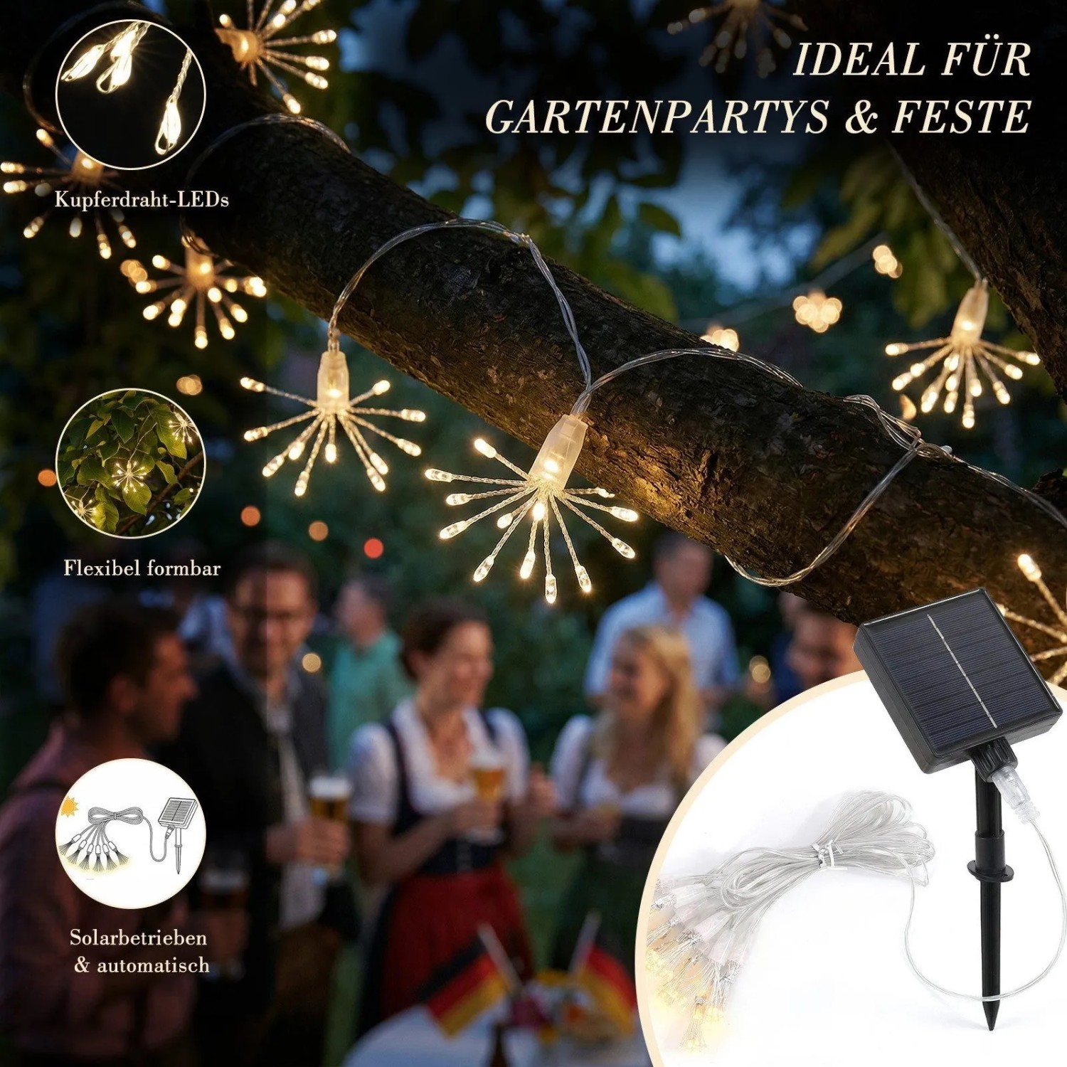 Warmweiße Solar LED Feuerwerk Lichterkette am Baum, beleuchtet eine Gartenparty. Inkl. Solarpanel für Außenbereich.