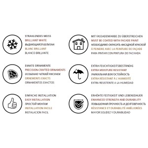 Produktmerkmale der Profhome Vollbalustrade: Strahlendes Weiß, exakte Ornamente, einfache Installation, feuchtigkeitsbeständig, hohe Festigkeit.