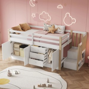 Merax Kinderhochbett 90x200 mit Treppe mit Schubladen Stauschränken mit Wäschestange Weiß
