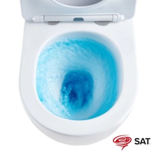 Weißes Wand-WC mit blauer Tornado-Spülung. Spülrandlos, leise und hygienisch. Inkl. SoftClose WC-Sitz.