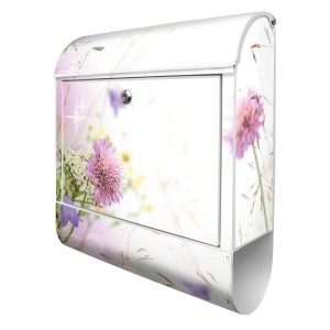 Weißer Banjado Design Briefkasten mit Motiv Glitzernde Wiese und Zeitungsfach.