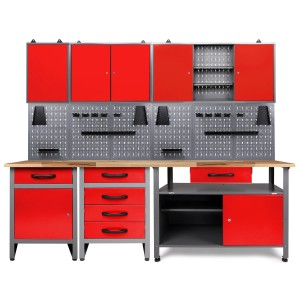 Komplette Ondis24 Werkbank mit Schränken und Lochwand, 240 cm, rot. Werkstatteinrichtung für Heimwerker.