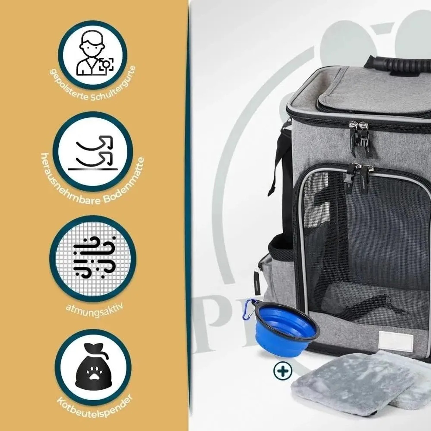 Petsworld Hunderucksack, faltbar, atmungsaktiv mit Mesh, inkl. Napf und Bodenmatte, bis 8,5kg.