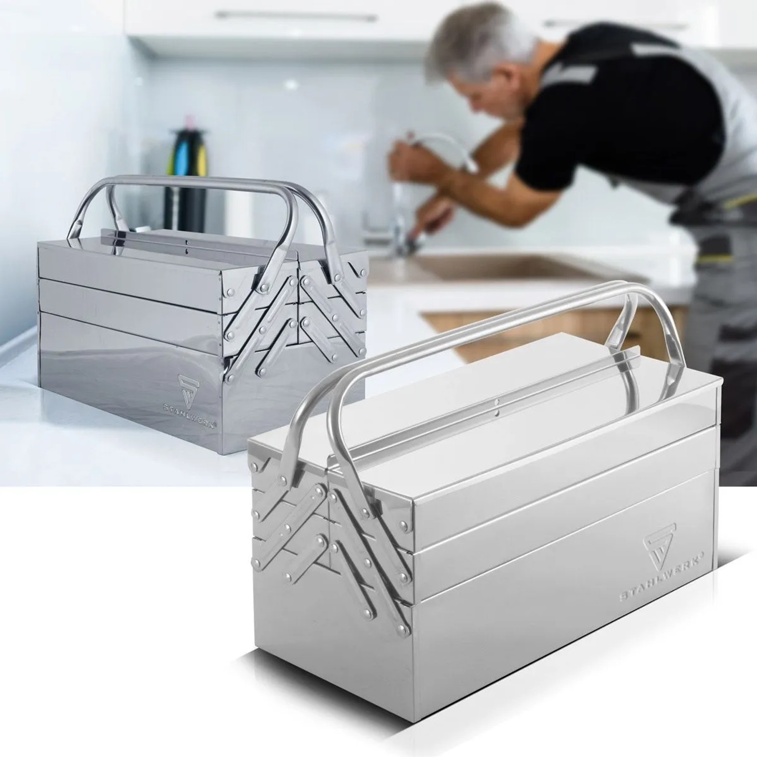 STAHLWERK Werkzeugkasten aus Edelstahl mit 5 Fächern. Robuste Werkzeugkiste für Handwerker und Heimwerker.