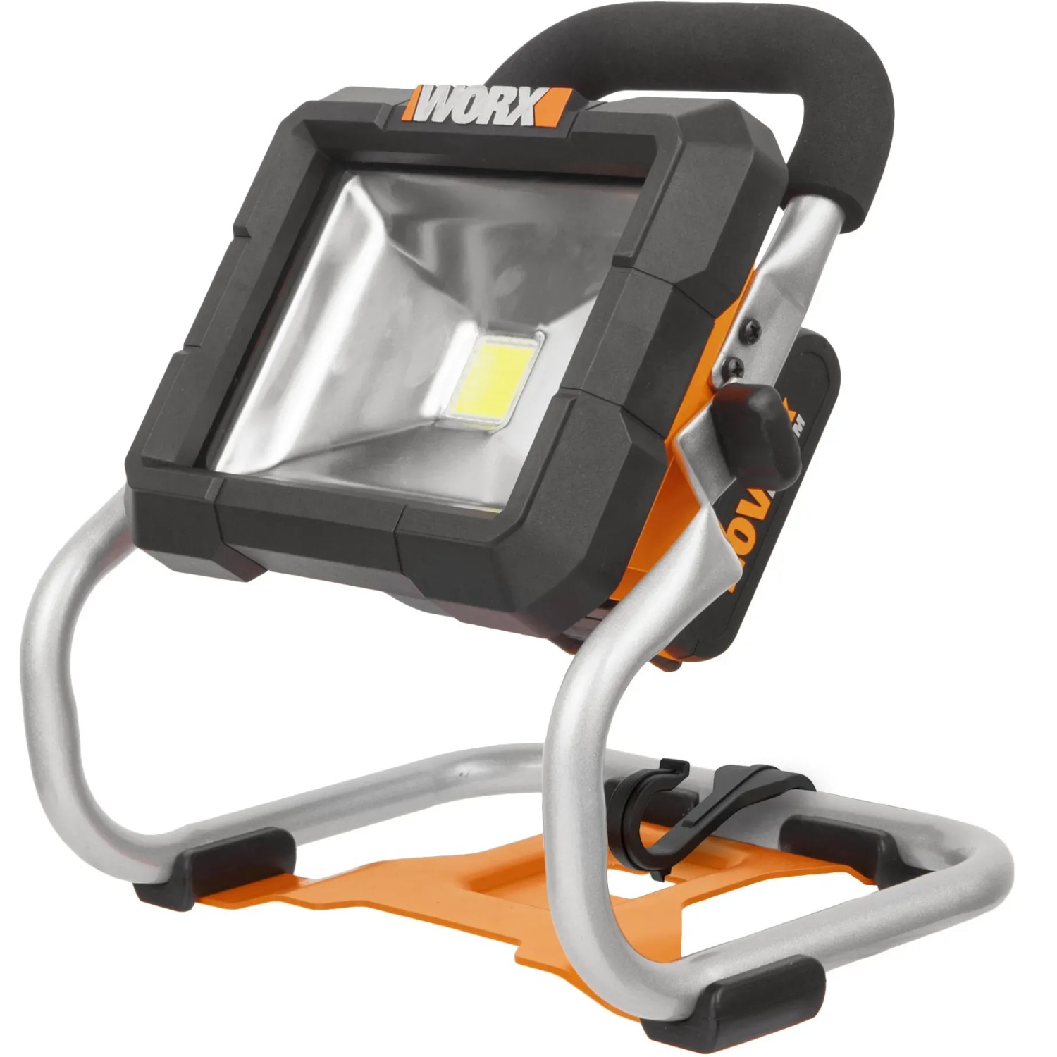 Worx Akku-Lampe WX026.9, 20V LED-Baustrahler mit drehbarem Lampenkopf und Tragegriff.