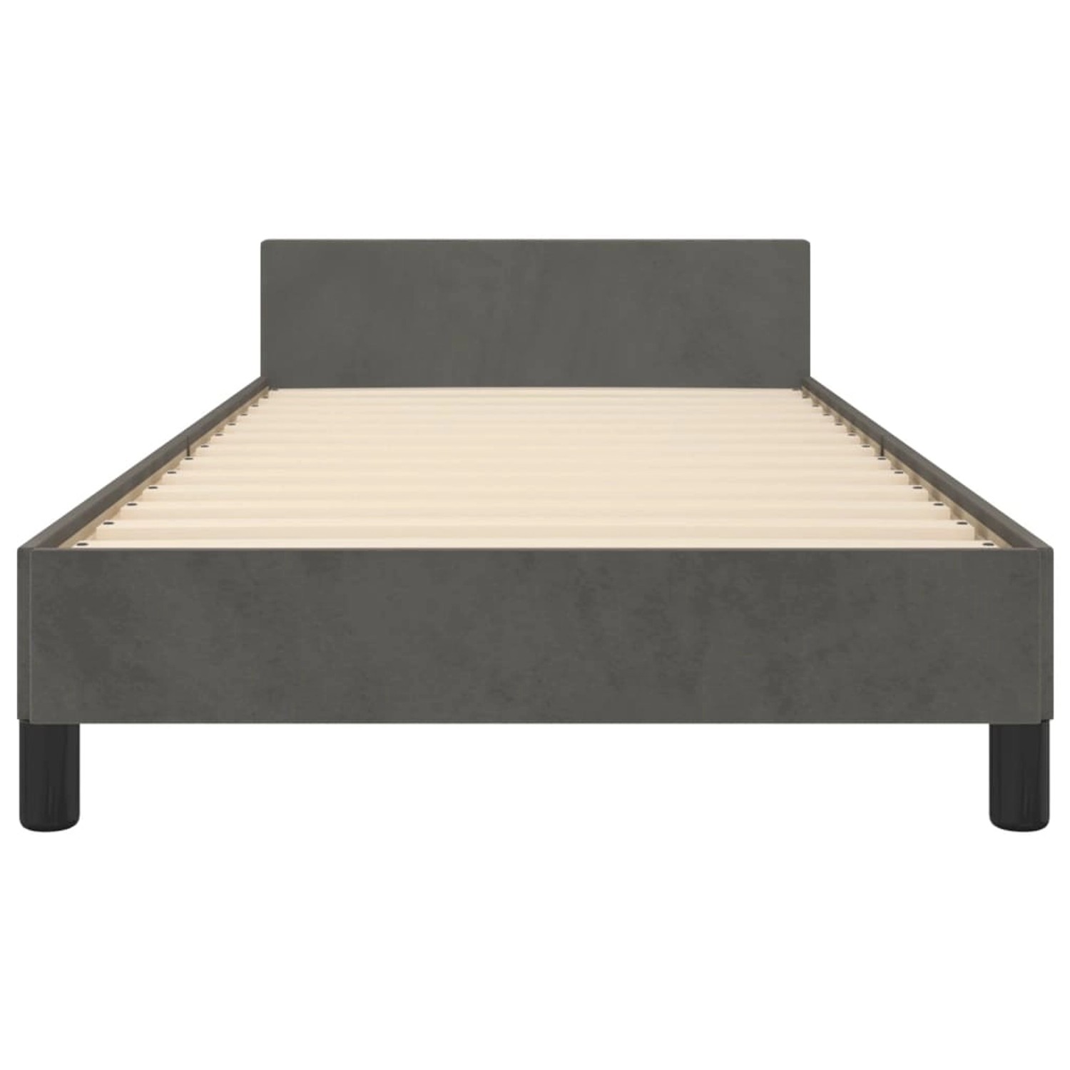 Dunkelgraues Samt-Bettgestell 90x200 cm mit Kopfteil. Bett mit Lattenrost und schwarzen Füßen.