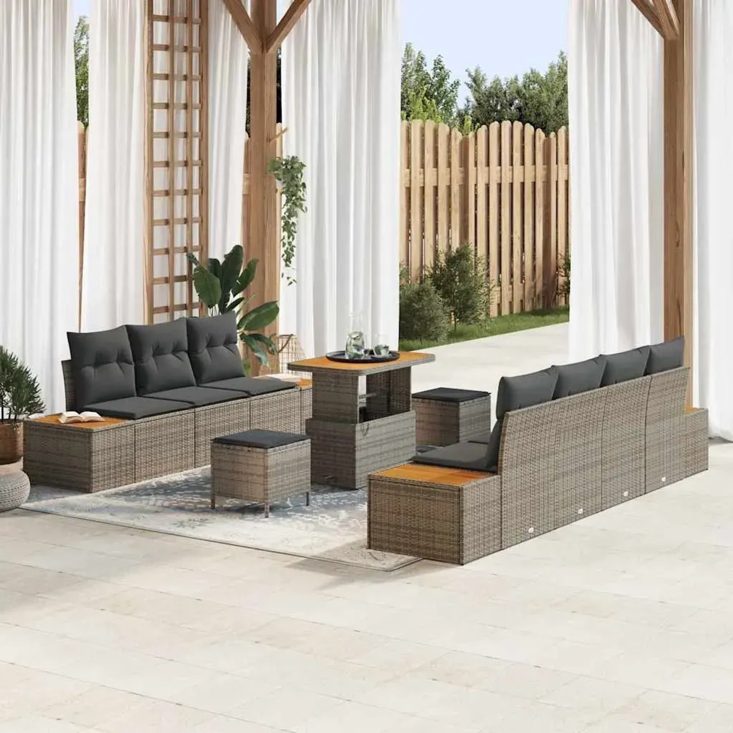 Graues 10-teiliges vidaXL Garten-Sofa-Set aus Poly Rattan mit Tisch und Kissen.