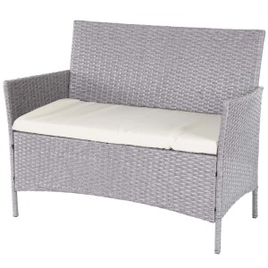 Graue Poly-Rattan Gartenbank Hamar mit Armlehnen und cremefarbenem Kissen. Robustes Stahlgestell, Flechtwerk.