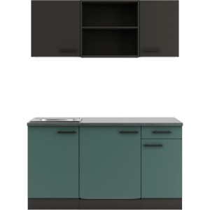 Optifit Miniküche in Anthrazit/Steingrün, 150 cm breit, mit Spüle und Unterbaukühlschrank.
