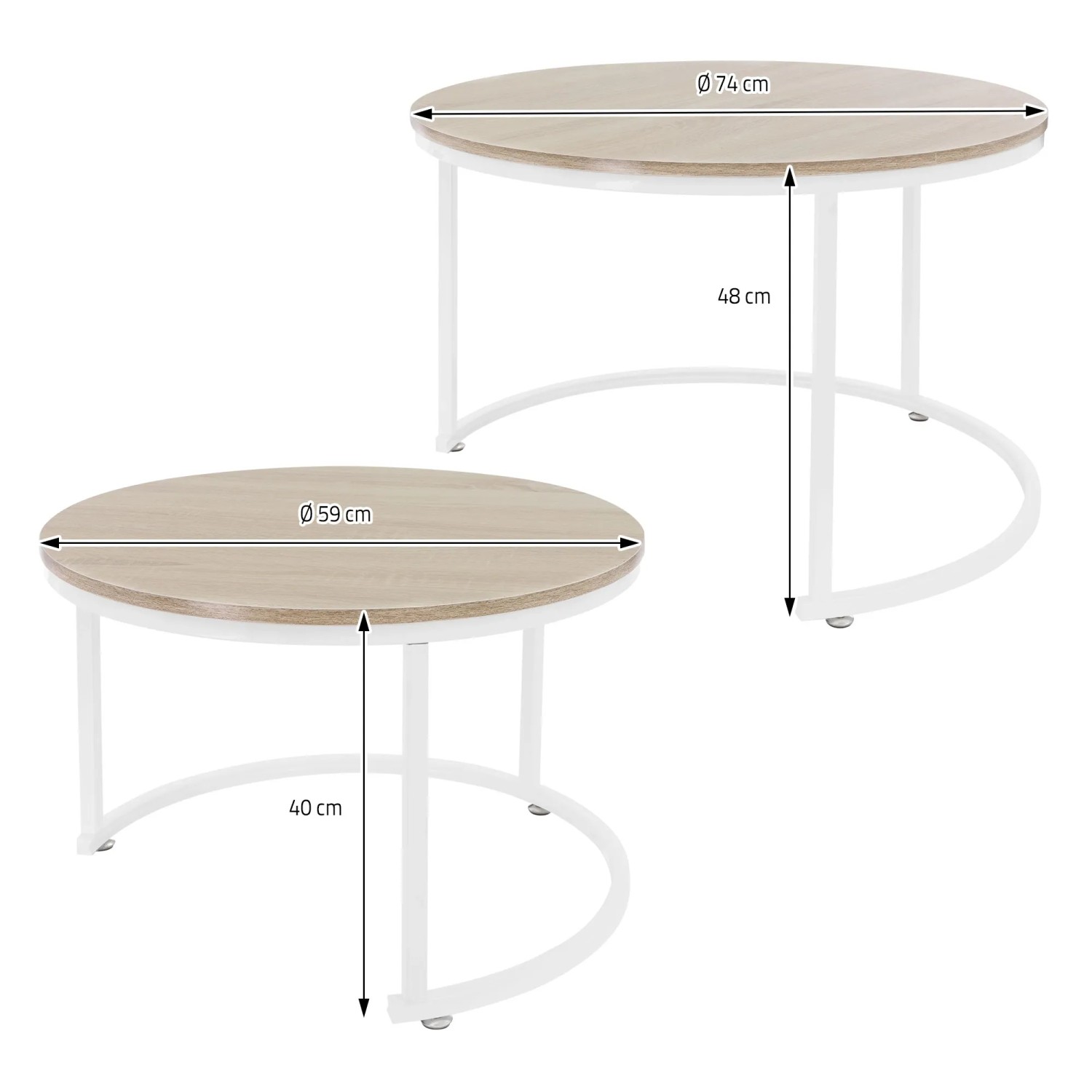 ML-Design Couchtisch 2er Set, Sonoma Eiche, runde Wohnzimmertische mit weißem Metallgestell.