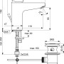 Technische Zeichnung: Ideal Standard Ceraflex Armatur Paket mit Maßen für Waschtisch und Brause, Chrom.