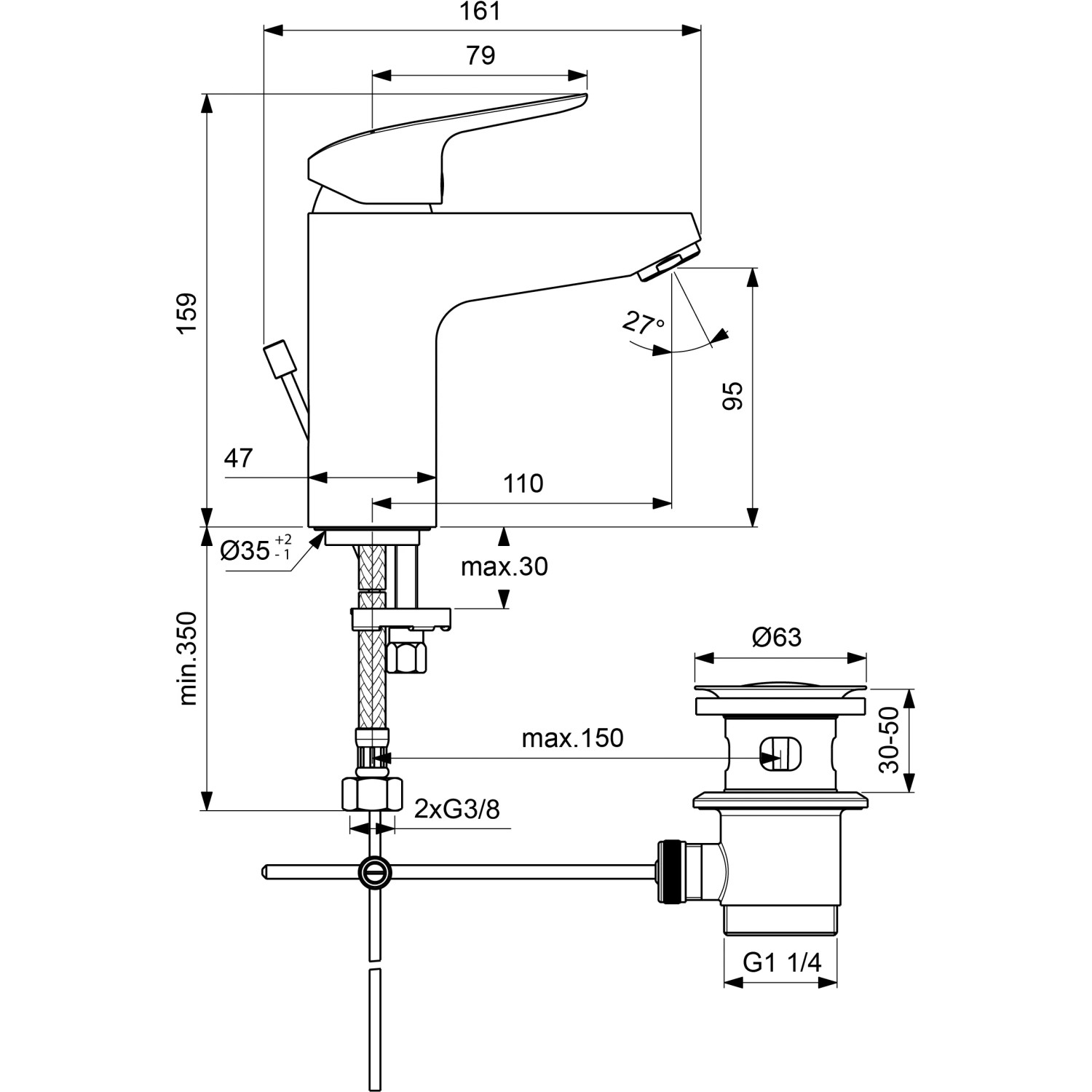 Technische Zeichnung: Ideal Standard Ceraflex Armatur Paket mit Maßen für Waschtisch und Brause, Chrom.