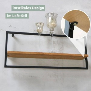 Holz4home Wandregal Long in Schwarz mit Baumkante, Eichenholz und Metallrahmen.