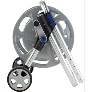 LUX Schlauchwagen Comfort aus Metall, ohne Schlauch. Silberne Trommel mit Rädern und verstellbarem Griff.