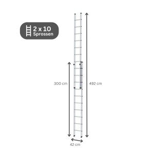 PROREGAL Sprossen-Schiebeleiter, 2-teilig, 2x10 Sprossen, ausgefahren und eingefahren dargestellt.
