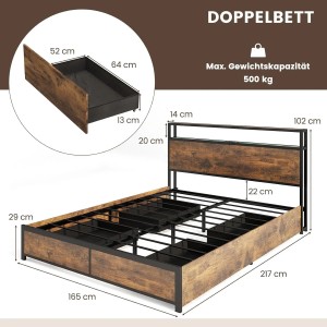 Costway Bett mit Led Beleuchtung Ladestation & Schubladen 200 x 160 cm
