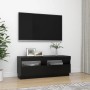 Schwarzer TV-Schrank mit LED-Beleuchtung, 100x35x40 cm, Teil einer Wohnwand.