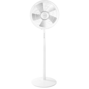 Weißer Emerio Standventilator, 135 cm hoch, mit 5 Rotorblättern und rundem Fuß.