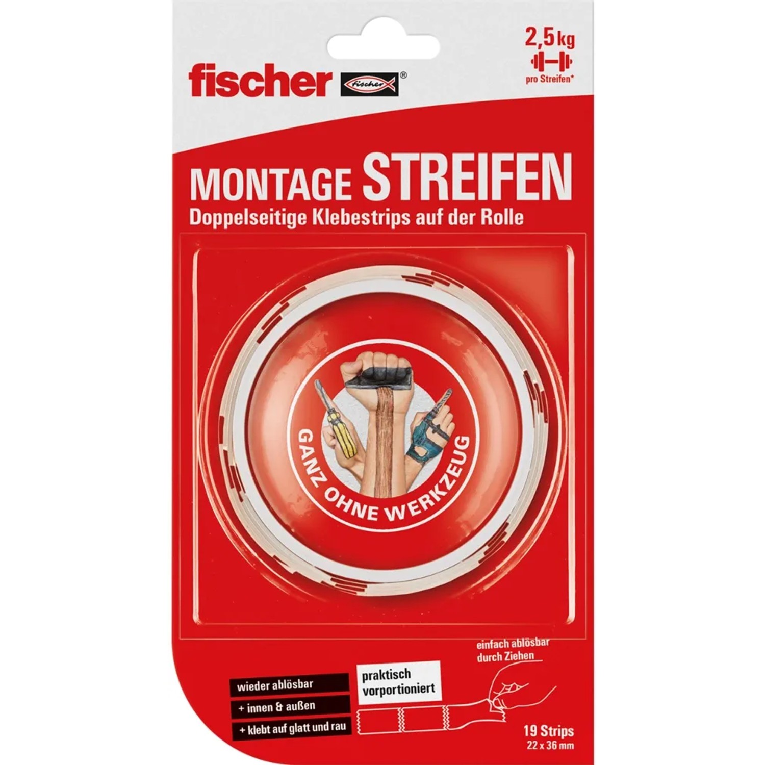 Fischer Montage Streifen, 19 Stück, 22x36mm, doppelseitige Klebestreifen für einfache Montage ohne Werkzeug.