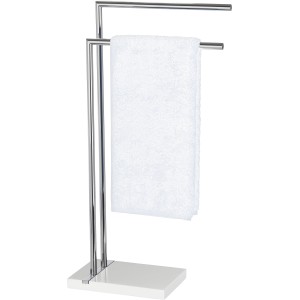 Wenko Handtuchständer Noble Weiß mit Handtuch, Chrom-Gestell und weißem Polyresin-Fuß.