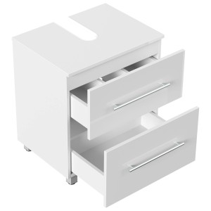Posseik Waschbeckenunterschrank Mondial, 55 cm, Weiß Hochglanz mit zwei offenen Schubladen.