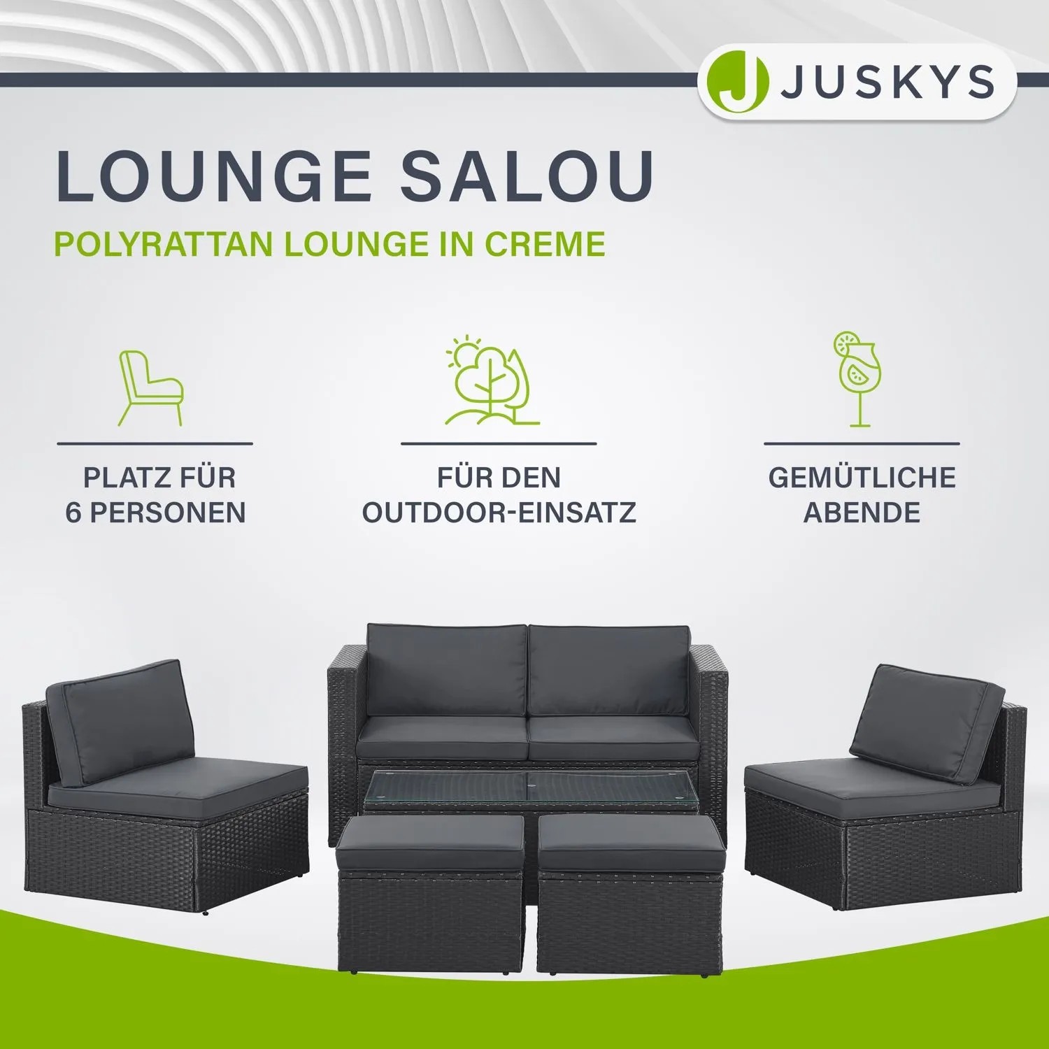 Schwarze Juskys Polyrattan Lounge Salou mit grauen Polstern, ideal für Garten & Terrasse.