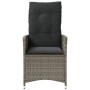 Grauer Poly Rattan Gartensessel mit dunklen Kissen. Verstellbarer Relaxsessel für Outdoor-Bereiche.