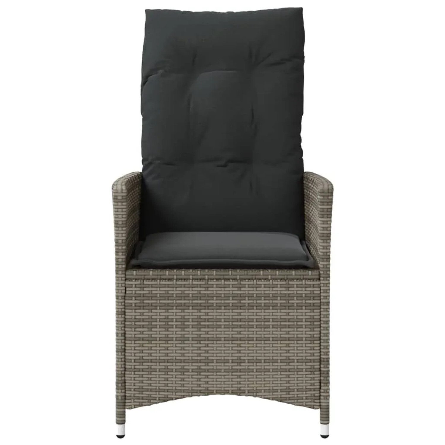Grauer Poly Rattan Gartensessel mit dunklen Kissen. Verstellbarer Relaxsessel für Outdoor-Bereiche.