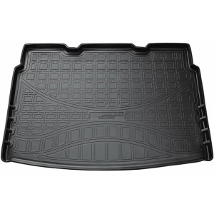 Schwarze Gummi Kofferraumwanne für VW Tiguan II ab 2016 mit Varioboden in tiefer Position.