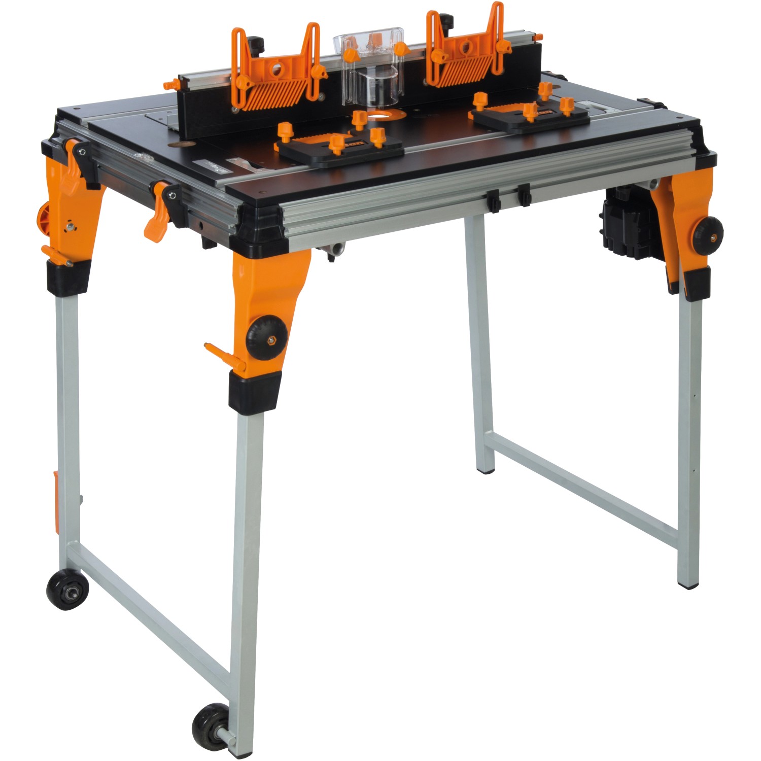 Triton Frästischmodul TWX7RT001 für Werkbank mit Fräse und orangefarbenen Schutzvorrichtungen.