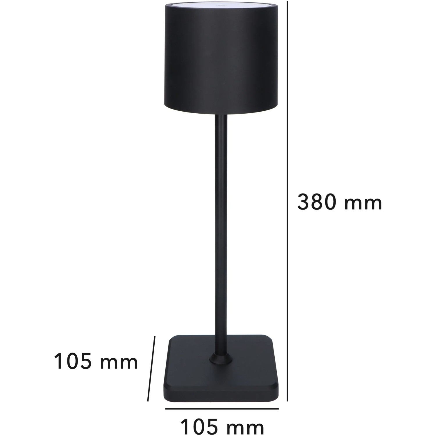Schwarze, dimmbare LED Tischleuchte mit Akku für Innen & Außen. CCT-Funktion für warmweißes bis kaltweißes Licht.
