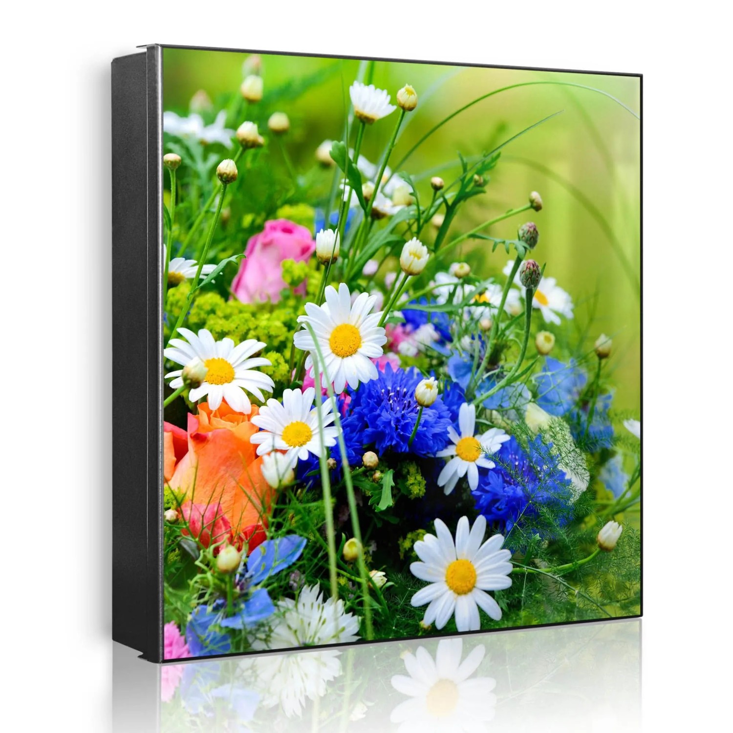 Banjado Großer Schlüsselkasten Metall 30x30cm Schwarz Scharnier Rechts 32 Haken Beschreibbar Magnetisch Motiv Blumenstrauß