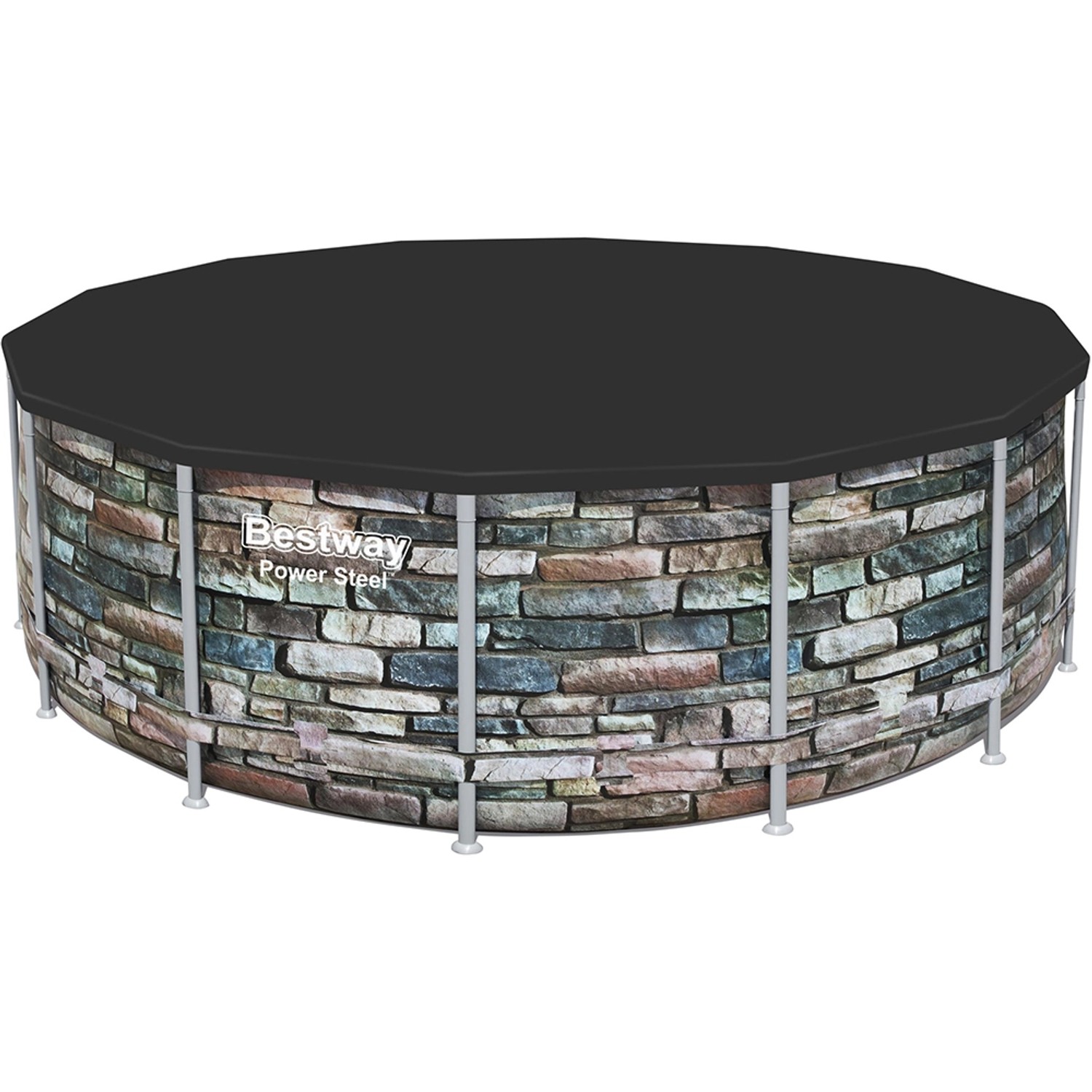 Graue Flowclear PVC-Abdeckplane (427x427 cm) auf rundem Pool. Poolabdeckung schützt vor Schmutz.